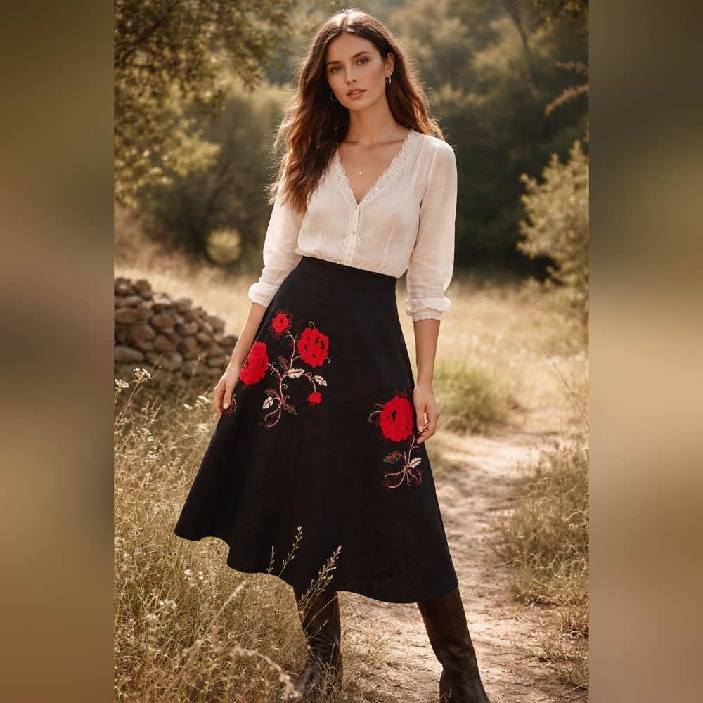 Cotton Blend Tristan Embroidered Black ALine Skirt with Red Floral
